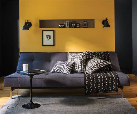 Living Room With Yellow Accent Wall Gray Couch Magnolia