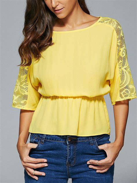 Yellow S Lace Spliced 34 Sleeve Elastic Waist Blouse