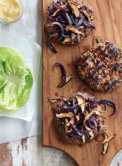 Grilled Bison Burgers With Caramelized Onions And Crispy Shiitakes