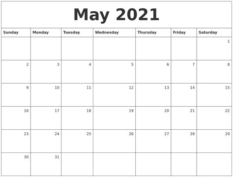 May 2021 Monthly Calendar