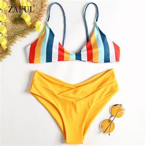 Zaful Rainbow Bikini Striped Swimwear Women High Waisted Swimsuit