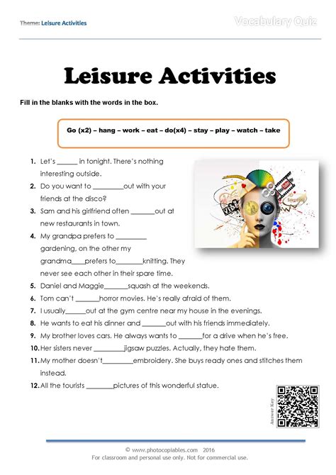 Leisure Activities Vocabulary Quiz Photocopiables