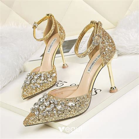 sparkly gold wedding shoes 2019 ankle strap rhinestone sequins 9 cm stiletto heels pointed toe