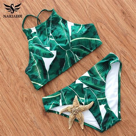 Nakiaeoi 2017 Sexy High Neck Bikini Swimwear Women Swimsuit Brazilian Bikini Set Green Print
