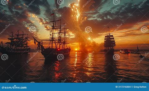 Tall Ships and Sunset Fireworks Serenade Stock Illustration
