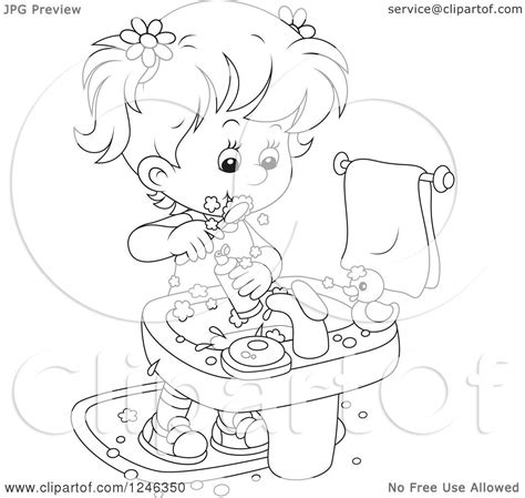 Clipart Of A Black And White Girl Brushing Her Teeth Royalty Free