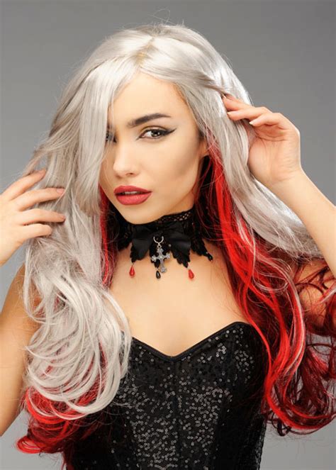 Womens Gothic Vampire Grey And Red Wig