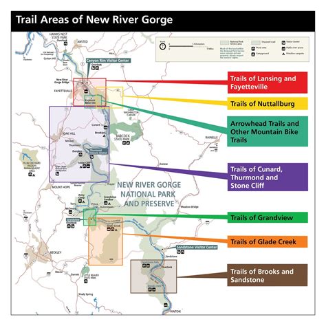 The Trail Map For The Trails Of New River Gorge With Several Different