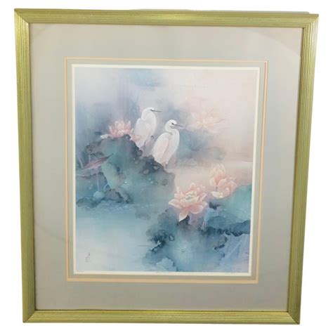 Vintage Lena Liu Signed Numbered And Framed Herons And Flowers Print