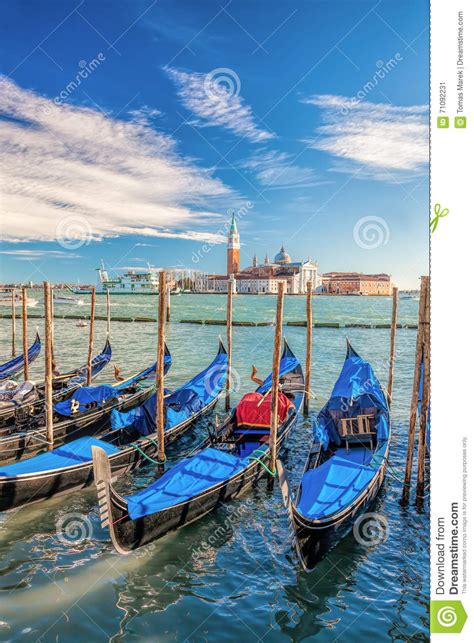 Gondolas Against San Giorgio Island In Venice Italy Stock Image