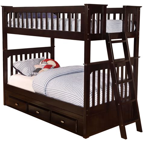The bunk beds are beds that are on top of each other with a small staircase to the person to get up on the top bunk. Cambridge Braeburn Twin-Over-Twin Bunk Bed with Storage ...