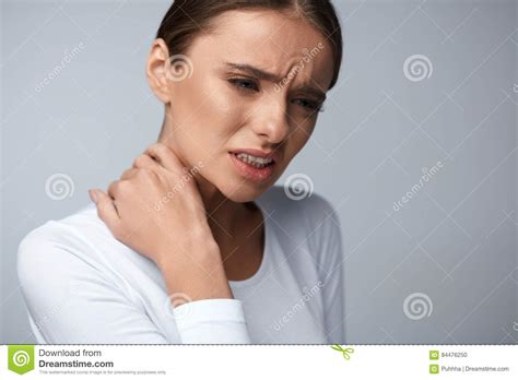 Tired Neck Beautiful Woman Suffering From Pain Painful Feeling Stock