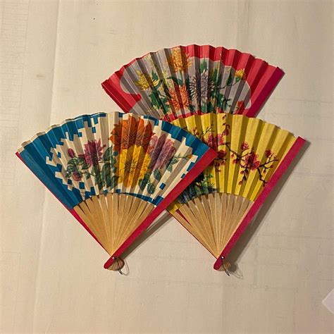 3 Asian Wood Folding Fans Decorative Ornate Hand Held Paper Fans