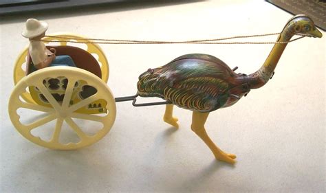 Vintage Tin Litho Wind Up Ostrich Pulling Rickshaw Toy Made In West