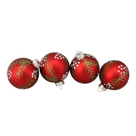 4ct Matte Red With Pine Needles Glass Christmas Ball Ornaments 3 25 80mm Christmas Central