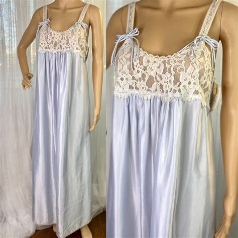 Vintage Blue Satin And Lace Empire Waist Gown Size Small S Long Iridescent Nightgown Satin De