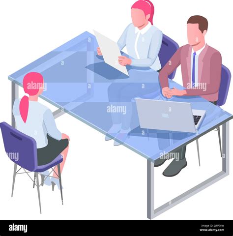 Recruiting Isometric Icon With Job Candidates Communicating With Recruiter At Office Table 3d