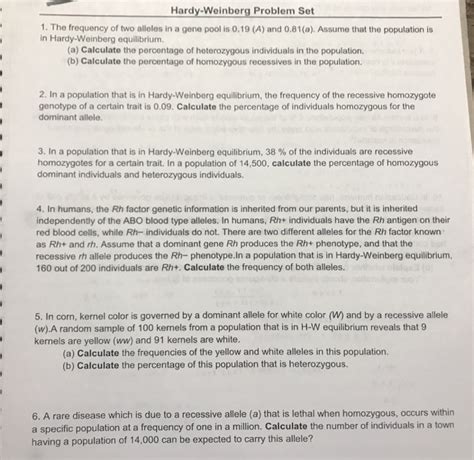 Some or all of these types of forces all act on living populations at various times and evolution at some level occurs in all living organisms. Solved: Hardy-Weinberg Problem Set 1. The Frequency Of Two... | Chegg.com