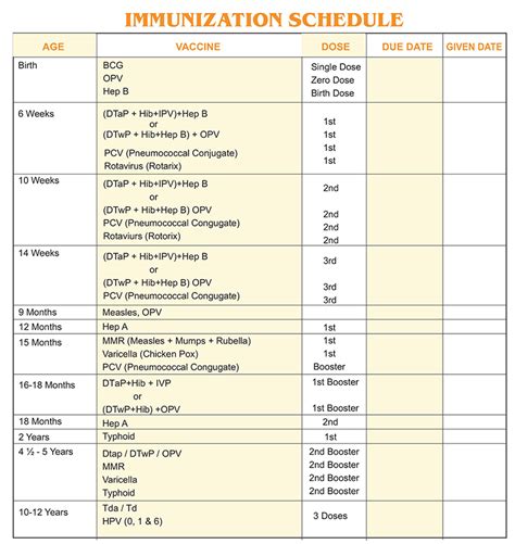 Immunization Schedule Table