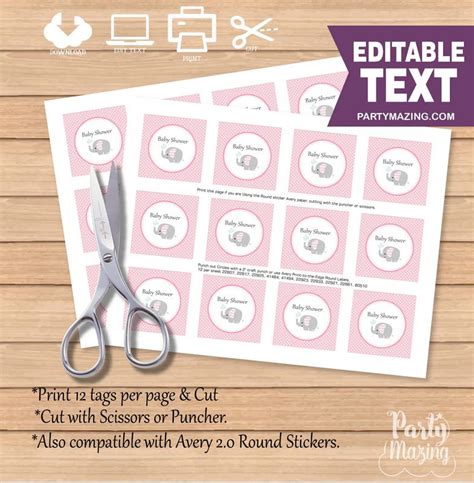 Download, print or send online for free. Printable Elephant Tags | Baby Shower Stickers | Girl ...