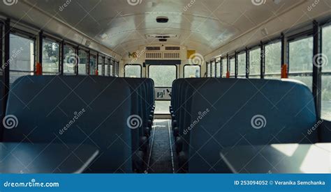 Empty Seats Placed School Bus Interior Closeup Safety Transport
