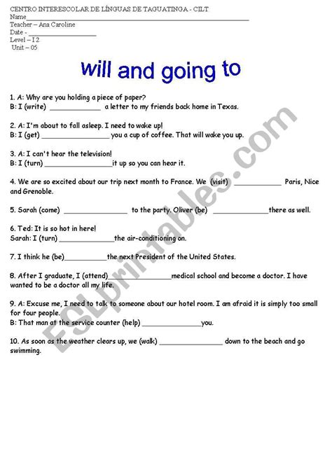 Will And Going To Esl Worksheet By Carolzinha