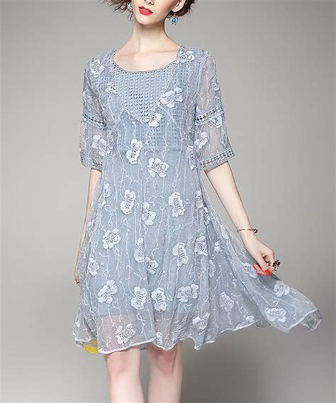 Look At This Blue Textured Floral Silk Blend A Line Dress On Zulily