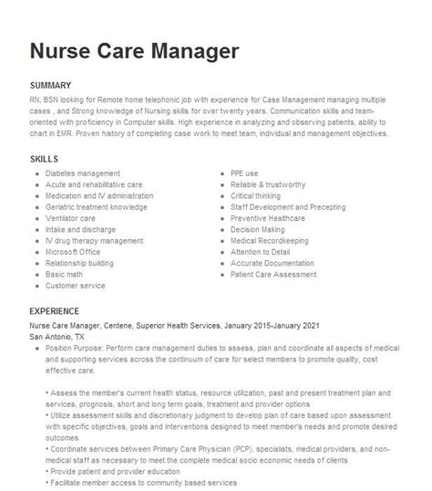 Nurse Care Manager Resume Example