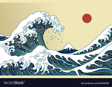 Big Asian Ocean Wave Red Sun And The Mountain Illustration Golden