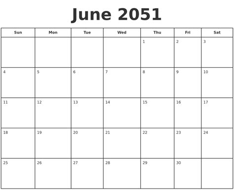 June 2051 Print A Calendar