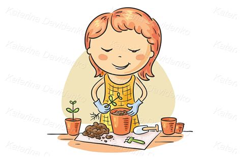 Girl Planting Seedlings Into Flowerpots Hand Drawn Image