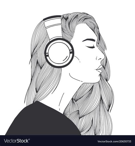 Portrait Of Beautiful Long Haired Young Woman Wearing Headphones Drawn