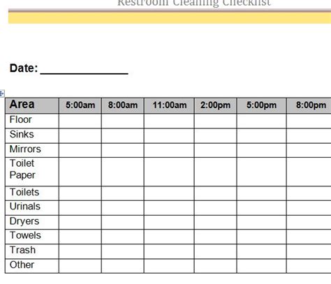 restroom cleaning checklist  excel templates