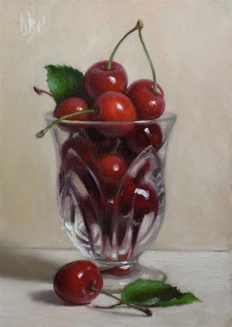 A Painting Of Cherries In A Glass Vase
