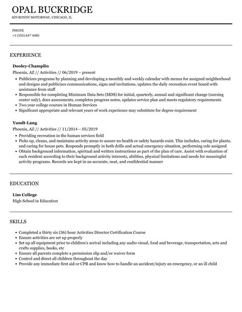 Activities Resume Samples Velvet Jobs
