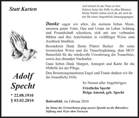 Traueranzeigen Von Adolf Specht Trauerhnade