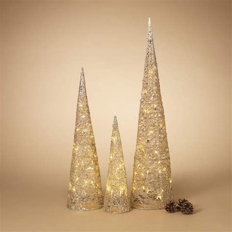 Set Of 3 Lighted Gold Glittered Christmas Cone Trees 32 Inches 24