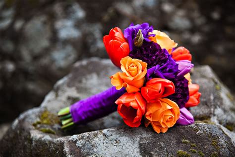 Bouquet Of Orange And Purple Tulips And Roses