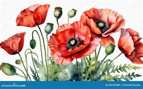 Watercolor Illustration Of Red Poppy Flowers Bouquet Isolated On White