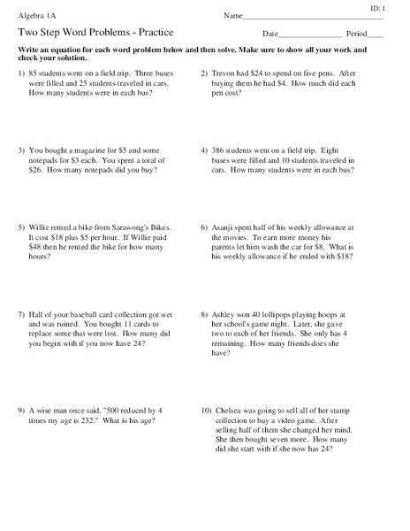 Two Step Word Problems Worksheet For 7th 9th Grade Lesson Planet