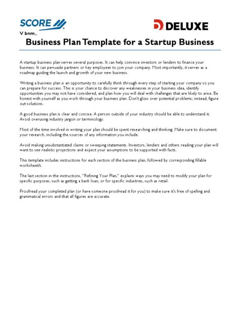 Score Deluxe Startup Business Plan Template 1 Pdf Income Statement