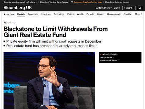 Blackstone To Limit Withdrawals From Giant Real Estate Fund Bloomberg