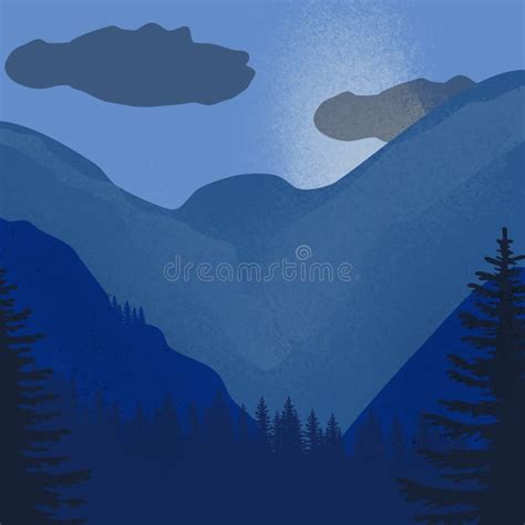 Illustration Of Night Sky Of Forest And Mountains Editorial Stock