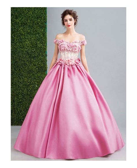 Pink Ball Gown Off The Shoulder Floor Length Satin Wedding Dress With