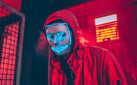 Download Wallpaper 3840x2400 Neon Mask Mask Man Hood Red 4k Ultra
