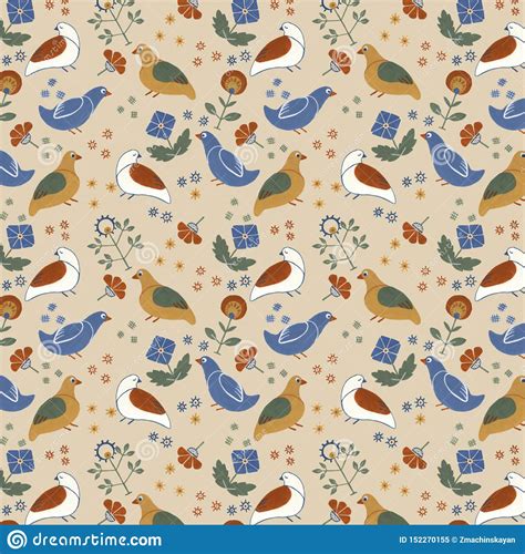 Folk Floral Seamless Pattern With Birds And Flowers Gouache Paint