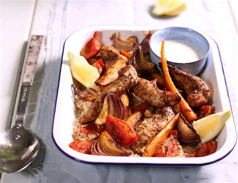 Spiced Chicken Tray Bake With Couscous Garlic Yogurt Dressing Recipe