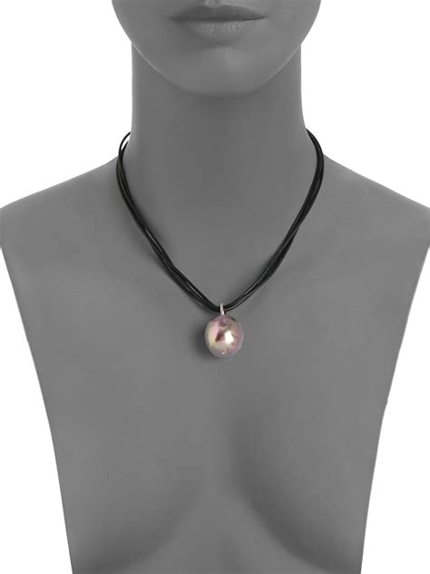 Majorica 22mm Aubergine Baroque Pearl Leather Cord Necklace In Black Lyst