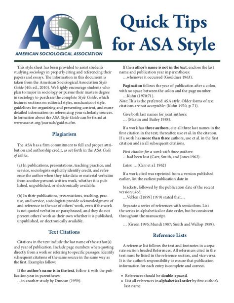 Asa Quick Tips For Asa Style By American Sociological Association