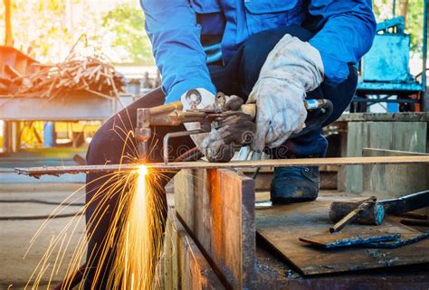 Worker Cutting Steel With Acetylene Welding Cutting Stock Photo Image